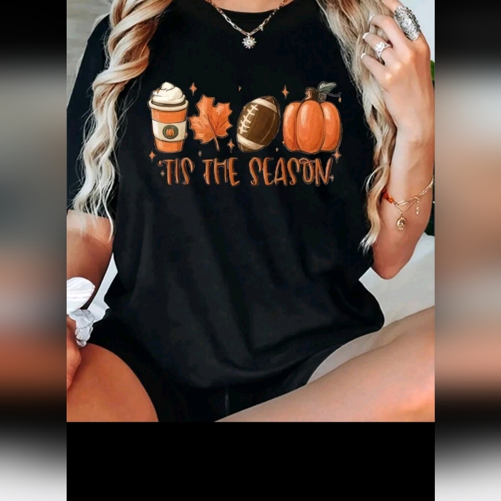NWT Black Seasonal Graphic Women's Tee^ Football, Coffee And Pumpkins